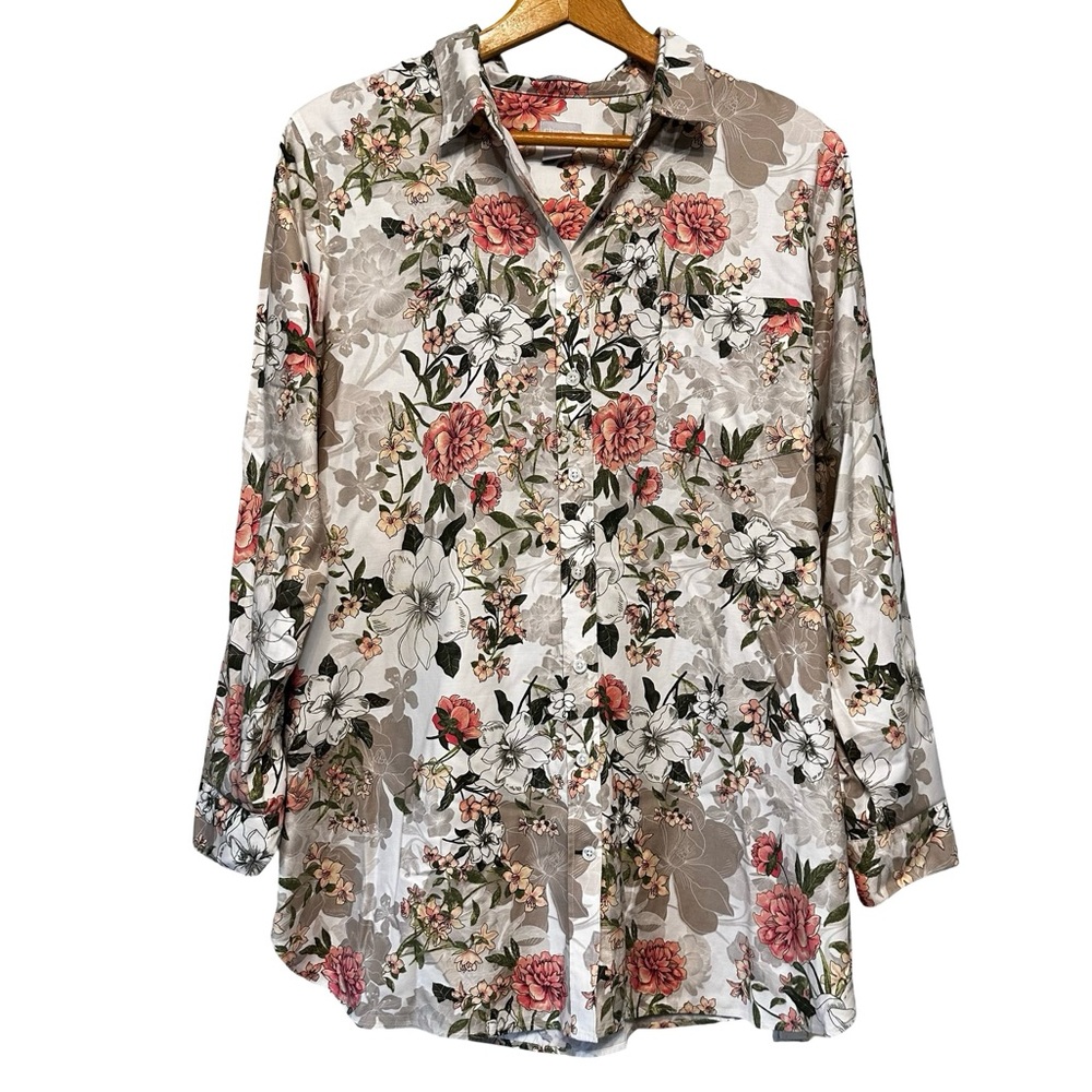 Chico’s Pink Green Floral No Iron Button Down Shirt Size 16 Chic Stretch Comfy